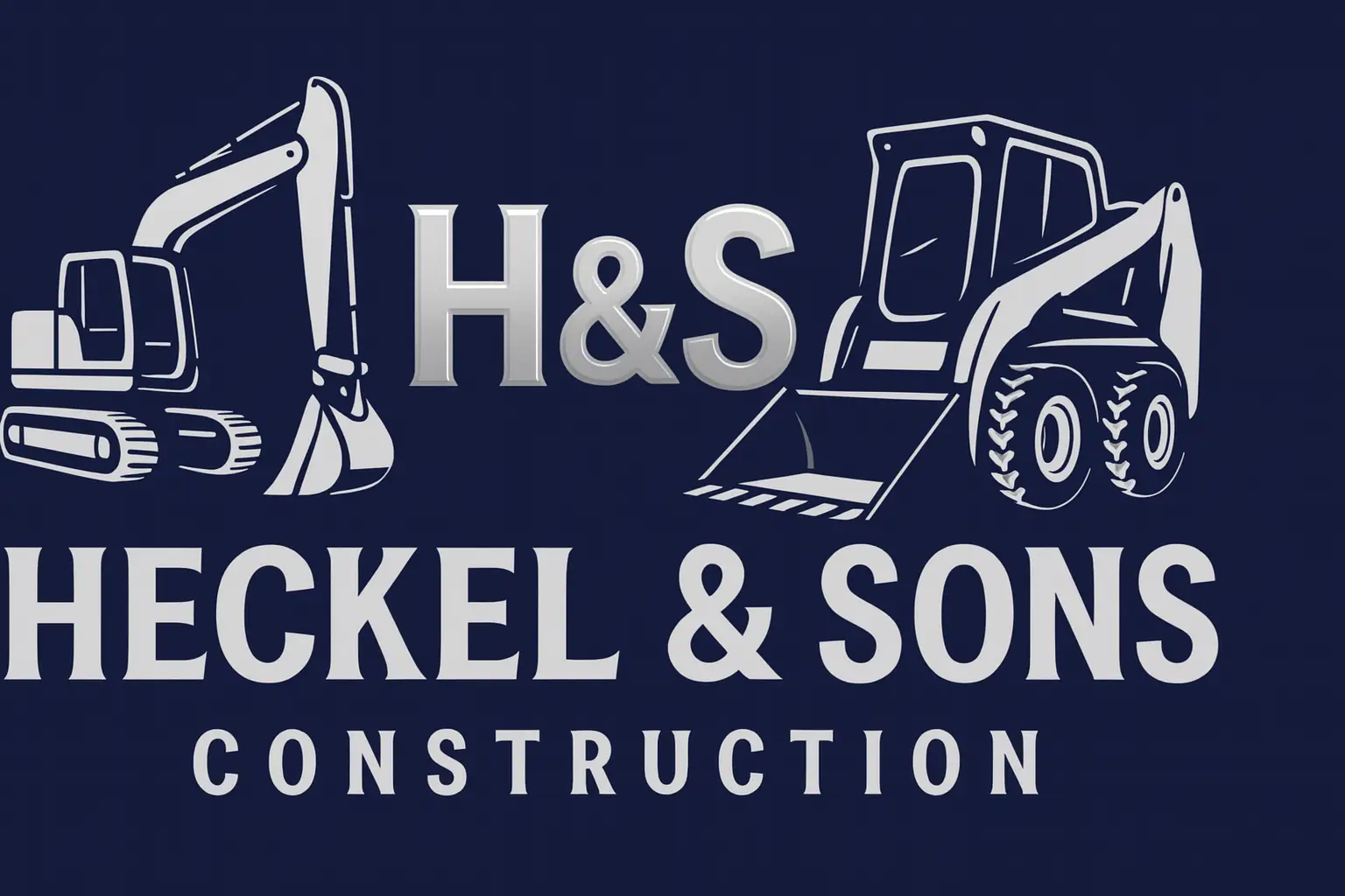 Logo for Heckel & Sons Construction featuring an excavator, a skid steer, and bold text H&S Heckel & Sons Construction on a dark background.